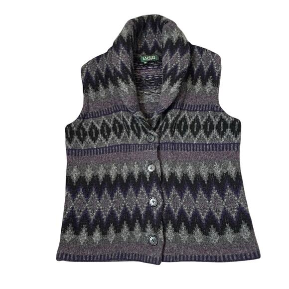 Lauren RL Lambswool Sweater Vest Womens Size PM Gray Black Southwestern Preppy - Picture 1 of 6